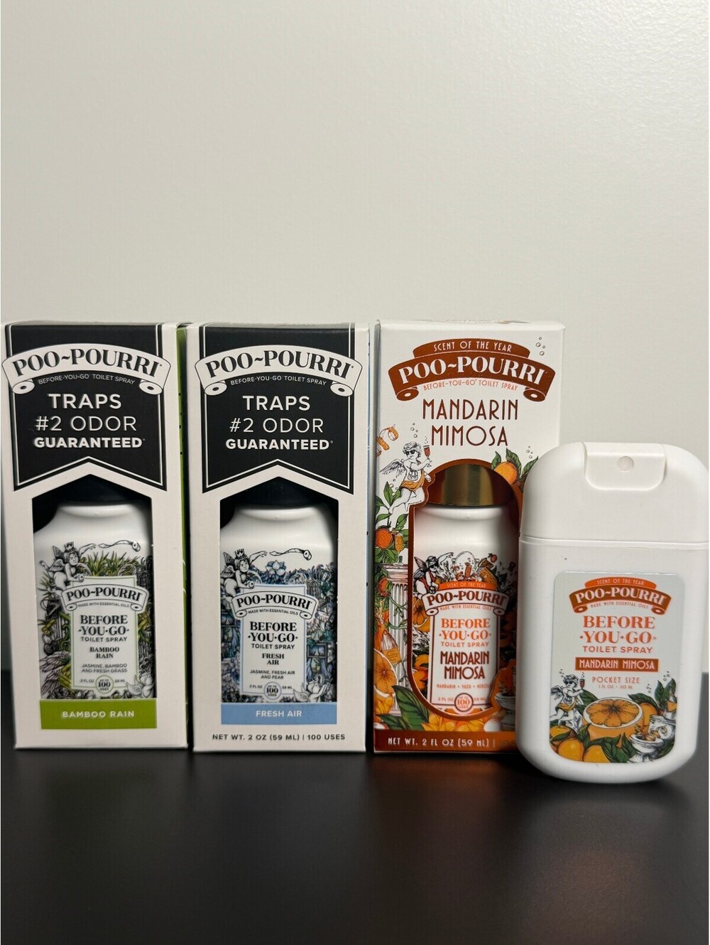 Poo-Pourri 4 Piece Toilet Spray Bundle Bamboo Rain Fresh Air Mandarin Mimosa